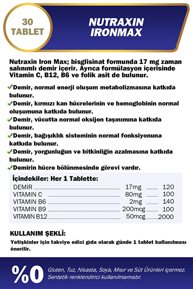 Iron Max 17 Mg 30 Tablet - Gentle Iron, Vitamin C, B12, B6, Folik Asit Iron Max 17 Mg 30 Tablet - Gentle Iron, Vitamin C, B12, B6, Folik Asit